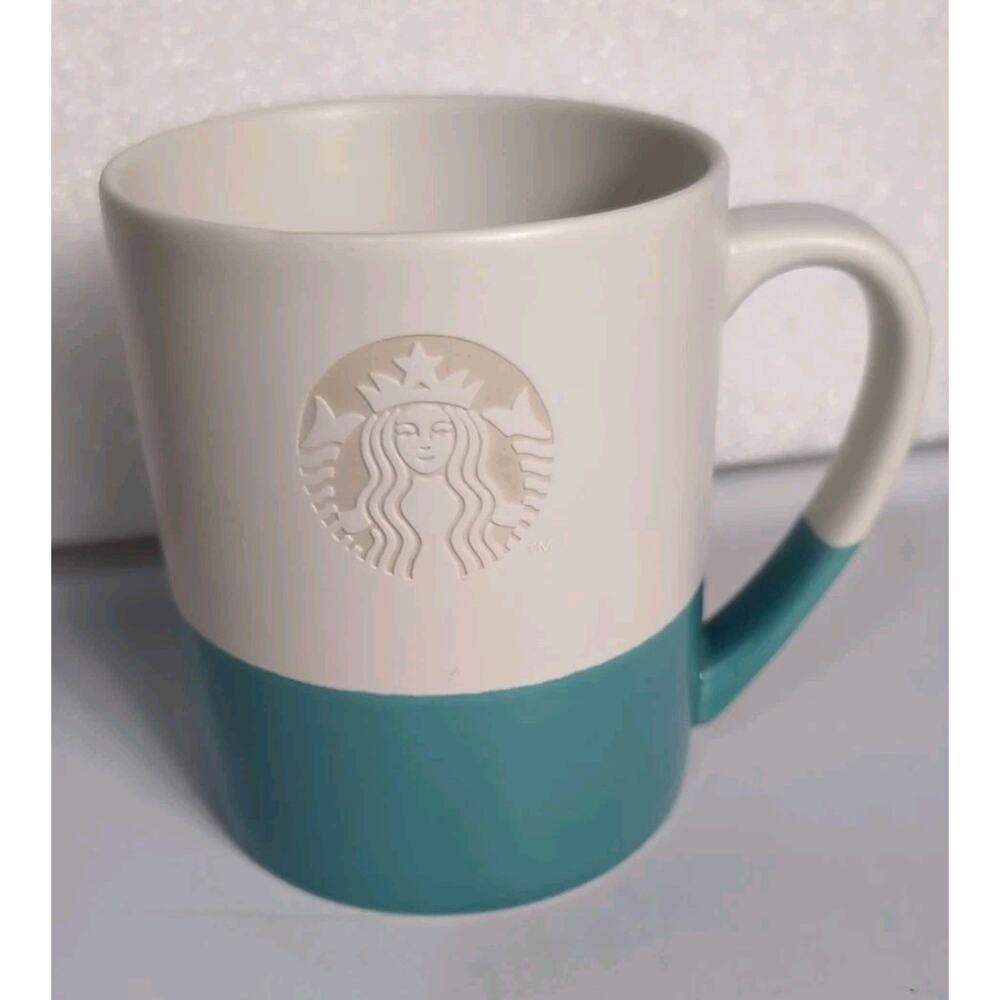 Starbucks Hand Dipped Siren Series Embossed Logo Blue and White 14 Oz Coffee Mug